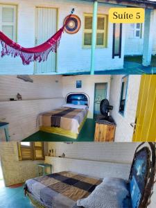- deux photos d'une chambre avec un lit et d'une maison dans l'établissement casa na Taiba - de frente ao mar - piscina - lagoa do kite, à São Gonçalo do Amarante