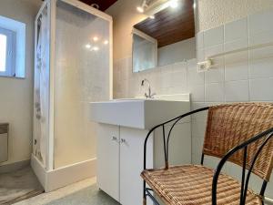 ein Bad mit einem Waschbecken und einer Dusche in der Unterkunft Gîte Saint-Pierre-du-Champ, 5 pièces, 8 personnes - FR-1-582-61 in Saint-Pierre-Duchamp