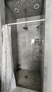 a shower with a shower curtain in a bathroom at Swanky 3 Bedroom 2 5 Bath with King Bed Parking in Louisville