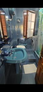 uma casa de banho com um lavatório azul e 2 WC em Villa Greco em Cirella