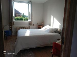 a bedroom with a large white bed with a window at Chambre calme et accueillante, parking gratuit, navette gare ou aéroport in Saint-Germain-la-Poterie