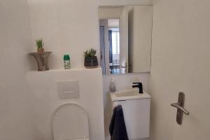 La salle de bains blanche est pourvue de toilettes et d'un miroir. dans l'établissement Appartement T2 de 40 m 2, neuf., aux Arcs-sur-Argens