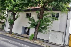 a white house with two trees next to a street at Milan Apartman in Budapest