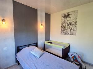 a small bedroom with a bed and a mirror at Gîte tout confort au bord de la Meuse avec jardin et activités familiales à proximité - FR-1-585-82 in Vilosnes-sur-Meuse
