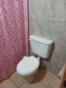 a bathroom with a toilet and a pink shower curtain at Cabaña Villa del Dique in Villa del Dique