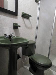 uma casa de banho com um WC verde e um lavatório em Casa al sur de Cali - Parqueadero Privado em Cali