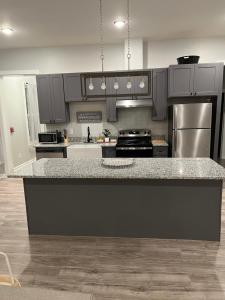 a kitchen with gray cabinets and a granite counter top at Decatur Delight Mixed- Use Apartments! in Decatur