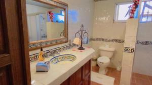 bagno con lavandino, specchio e servizi igienici di Hacienda de Comodejé a Huichapan