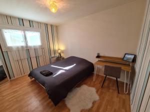 1 dormitorio con cama, escritorio y mesa en Gîte Ouzouer-sur-Loire, 4 pièces, 6 personnes - FR-1-590-253 en Ouzouer-sur-Loire