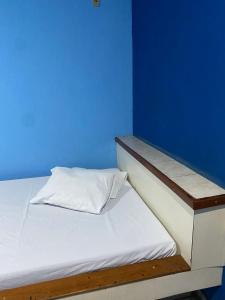 a bed in a room with a blue wall at Hotel Angely in Belo Horizonte