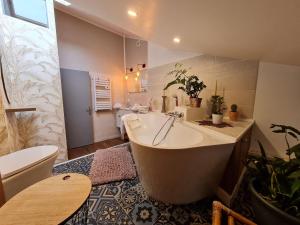 a bathroom with a tub and a toilet and a sink at Charme du XVIIe siècle près de Nancy, jardin privé et sentiers balisés - FR-1-584-194 in Bouxières-aux-Chênes