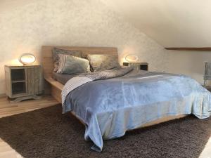 1 dormitorio con 1 cama con edredón azul en Guestroom Bouxières-aux-Chênes, 1 pièce, 4 personnes - FR-1-584-194 