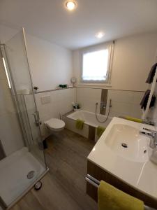 a bathroom with a sink and a toilet and a tub at Haus Fernsicht Wohnung Bergpanorama in Höchenschwand