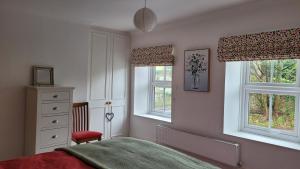 a bedroom with a bed and two windows at Coatham Cottage in Barton