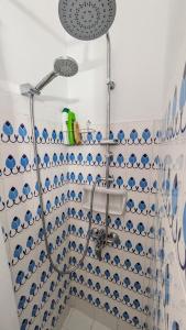 レオニディオにあるSmall House for Holidaysの青と白のタイル張りのバスルーム(シャワー付)