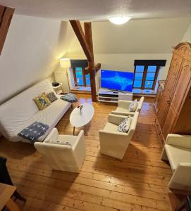 ein Wohnzimmer mit einem Sofa und einem TV in der Unterkunft Kastanienhof in Tümlauer Koog