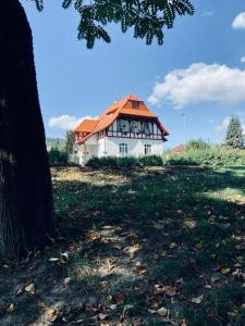 捷克特熱博瓦的住宿－Ubytování Javorka，山坡上一座白色房子,屋顶橙色