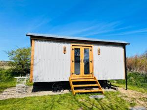 a small white shed with a wooden door and a ladder at The Hut@Trefechan Wen - Coastal Coziness! in Goodwick