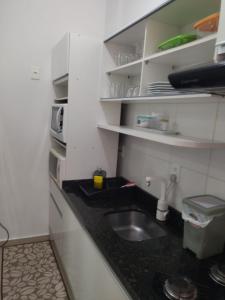 a small kitchen with a sink and a microwave at APARTAMENTO INTEIRO BELA ARTE COSTA E SILVA, 2 QUARTOS in Joinville