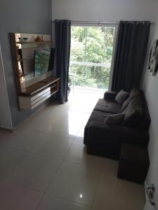 a living room with a couch and a television at APARTAMENTO INTEIRO BELA ARTE COSTA E SILVA, 2 QUARTOS in Joinville