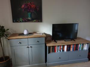 a tv on top of a dresser with a tv at Apartment Heideland in Buchholz in der Nordheide