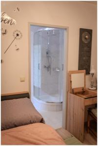 sypialnia z prysznicem, łóżkiem i biurkiem w obiekcie Appartement Franz w mieście Bad Ischl