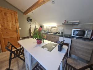 a kitchen with a table with chairs and a microwave at Chambre Familiale 4 Pers, 2ème Étage, Repas Traditionnels, Terrasse, Parking Hiver - FR-1-589-565 in Rochesson +21 photos