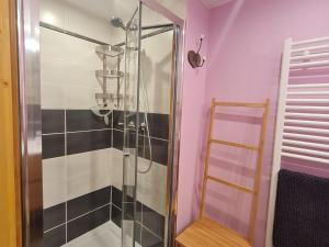 a shower with a glass door in a bathroom at Chambre double confortable avec accès indépendant à Rochesson, près de Gérardmer - FR-1-589-575 in Rochesson