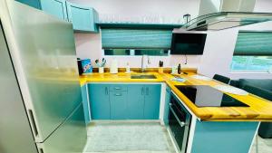 cocina con armarios azules y nevera de acero inoxidable en Hummingbird House New & Cozy, en Sarasota