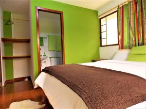 a bedroom with green walls and a bed and a mirror at Green House Araque Inn in Otavalo