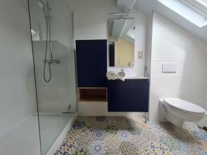 uma casa de banho com um chuveiro, um WC e um lavatório. em Gîte Nancy, 4 pièces, 6 personnes - FR-1-584-294 em Nancy