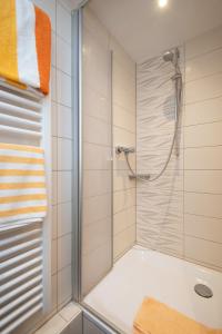 a shower with a glass door in a bathroom at Neckarperle in Edingen-Neckarhausen