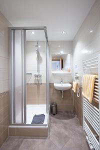 a bathroom with a shower and a sink at Neckarperle in Edingen-Neckarhausen