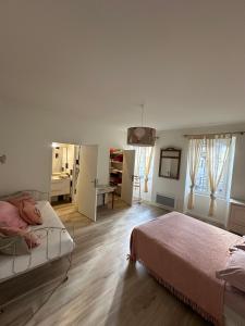 1 dormitorio con 1 cama y escritorio en una habitación en lamaisondemamere, en Tournon-sur-Rhône