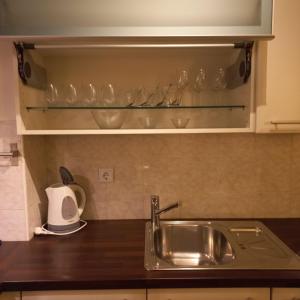 um balcão de cozinha com um lavatório e copos numa prateleira em Apartment Blue Moon em Ljubljana