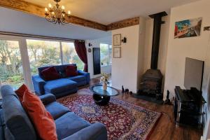 a living room with a blue couch and a fireplace at Forest view cottage in Nottingham