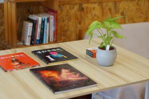 a table with two books and a potted plant on it at Back to spring BnB in Hengchun