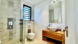 La salle de bains est pourvue de toilettes, d'un lavabo et d'une douche. dans l'établissement Villa familiale avec piscine, à Tamarin