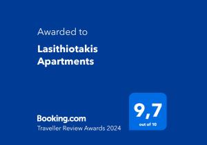 Un certificat, premiu, logo sau alt document afișat la Lasithiotakis Apartments