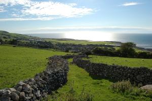 a stone wall in a field next to the ocean at Idris View Family Holiday Home in Tywyn