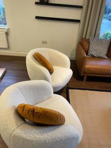 two chairs with pillows on them in a living room at Superior Cambridge 2 Bed Apartment inc King Bed in Trumpington