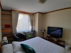 a bedroom with a bed and a flat screen tv at Comfortable Apartment with Free Parking in Guatemala