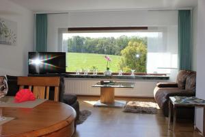 Halverにあるexklusive Ferienwohnungのソファとテレビのあるリビングルーム