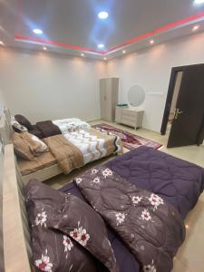 two beds in a room with purple blankets at الرس in Al Rass