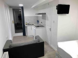 een woonkamer met een bank en een keuken bij Cosy Studio Flat-Just Renovated-Free Parking & Independent Entrance in Hanworth