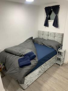 a bedroom with a bed with blue pillows on it at Cosy Studio Flat-Just Renovated-Free Parking & Independent Entrance in Hanworth