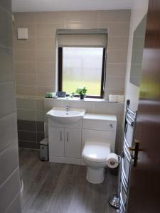 La salle de bains est pourvue de toilettes, d'un lavabo et d'une fenêtre. dans l'établissement 2 bed Apt on Quiet Cul-de-Sac, Fab Location, à Paisley