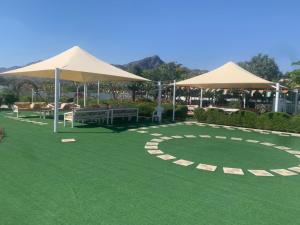 a patio with tables and umbrellas on the grass at Noor Farm Stay 5BHK in Khor Fakkan