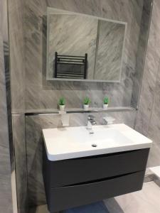 ein Badezimmer mit einem weißen Waschbecken und einem Spiegel in der Unterkunft Beautiful & spacious 2 bed apt in Glasgow West End in Glasgow