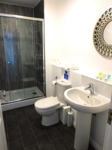 y baño con aseo, lavabo y ducha. en Newly refurbished 2 bedroom apartment close to station and local amenities en Hamilton